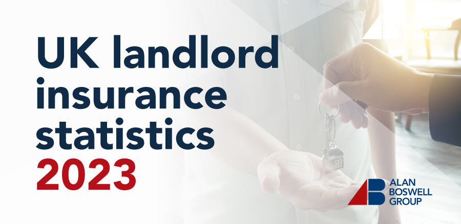 Feature image of a property to let with the title "UK landlords insurance statistics 2023" and a picture of someone passing keys to someone else